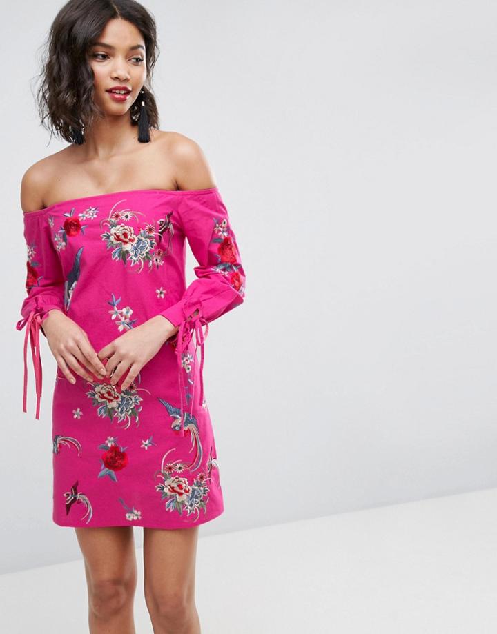 Asos Off Shoulder Embroidery Mini Dress With Cuff Ties - Pink