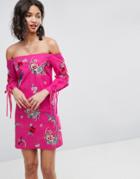 Asos Off Shoulder Embroidery Mini Dress With Cuff Ties - Pink