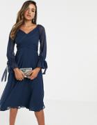 Asos Design Midi Dress With Layered Skirt And Wrap Waist With Lace Trim Detail - Navy