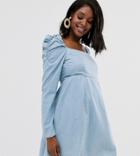 Asos Design Maternity Denim Milkmaid Mini Dress In Lightwash Blue - Blue