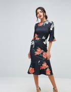 True Violet Frill Sleeve Floral Print Dress With Pephem - Navy