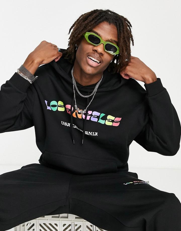 Asos Design Co-ord Oversized Hoodie In Black With Multicolour Los Angeles Print - Part Of A Set