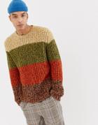 Asos Design Heavyweight Knitted Stripe Sweater In Brown - Brown
