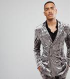 Asos Tall Super Skinny Double Breasted Tuxedo Jacket In Gray Crushed Velvet - Gray