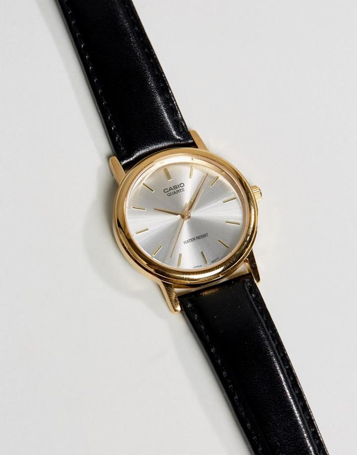 Casio Mtp1095q-7a Leather Strap Watch In Black - Black