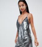 Asos Design Petite All Over Sequin Cami Mini Dress-silver