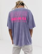 Asos Design Organic Cotton Oversized T-shirt With Bleach Wash And Neon Text Print - Blue