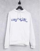 Asos Daysocial Relaxed Hoodie In White With Blue Chest Logo Print