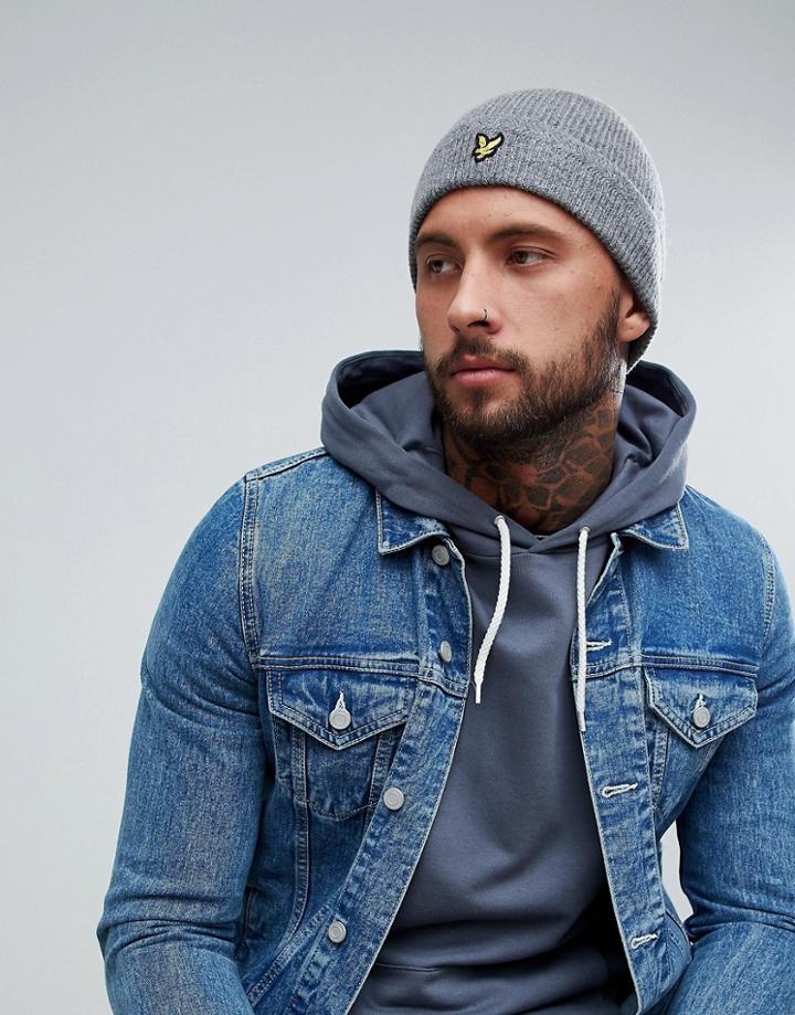Lyle & Scott Ribbed Lambswool Logo Beanie In Gray - Gray