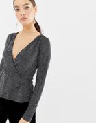 Asos Design Asymmetric Wrap Top In Glitter Metallic - Black