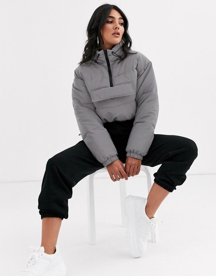 Asos Design Crop Reflective Over The Head Puffer Jacket In Gray