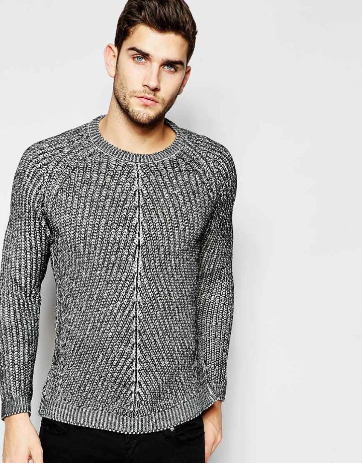Asos Crew Neck Sweater With Chevron Stitch - Black Twist