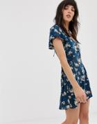 Band Of Gypsies Tie Side Skater Dress In Blue Floral Print - Blue