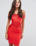 Lipsy Bardot Bodycon Dress With Applique Lace Detail - Red