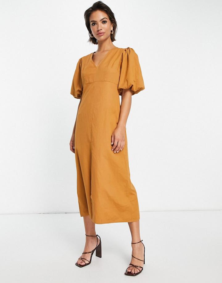 Pretty Lavish Puff Sleeve Split Midi Dress In Brown-green