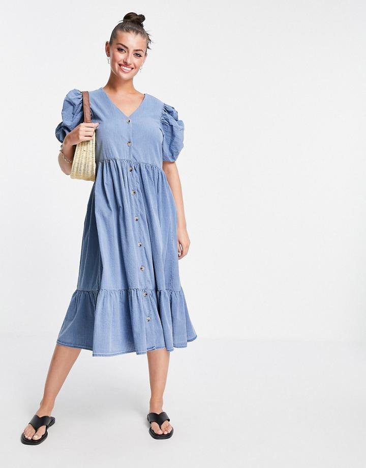 Vero Moda Puff Sleeve Denim Midi Dress In Blue-blues