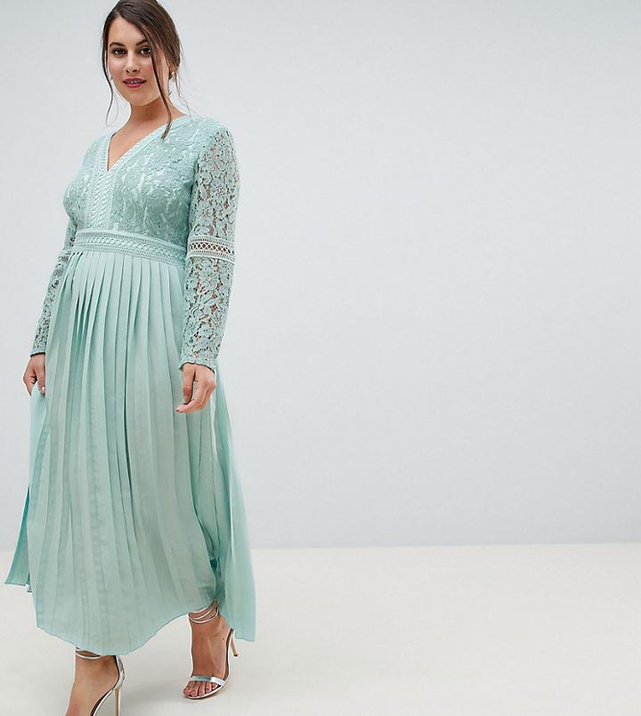 Little Mistress Plus Lace Top Midi Skater Dress With Pleated Skirt In Spearmint - Green