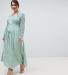 Little Mistress Plus Lace Top Midi Skater Dress With Pleated Skirt In Spearmint - Green