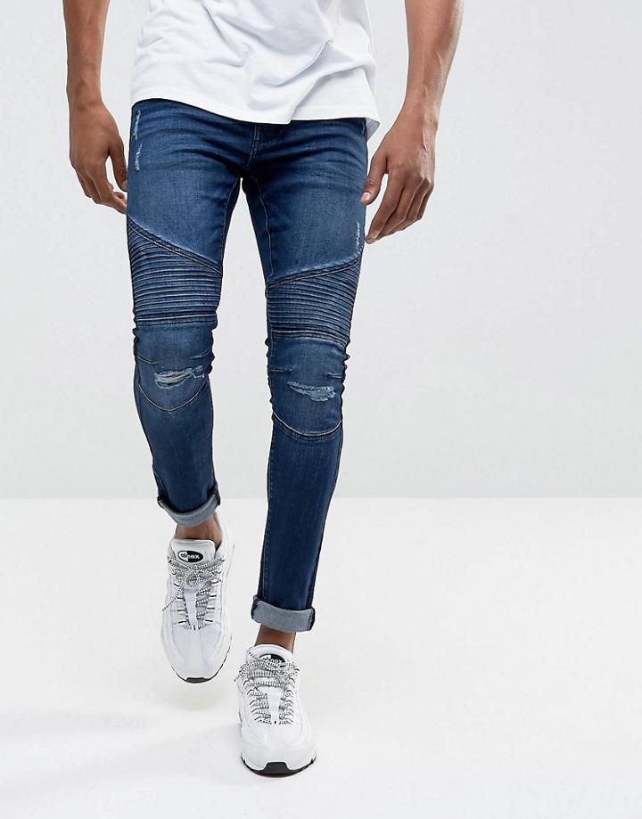 Dml Jeans Super Skinny Spray On Biker Jeans With Rips In Indigo Blue - Blue