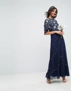 Asos Wedding Flutter Sleeve Embellished Maxi Dress - Navy