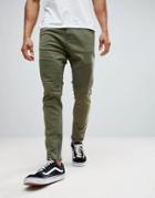 Pull & Bear Carrot Fit Biker Jeans In Khaki - Green