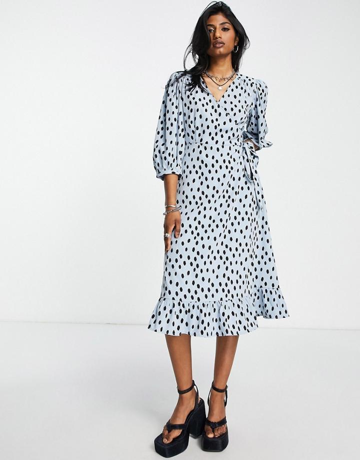 Only Puff Sleeve Wrap Midi Dress In Blue Spot