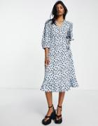 Only Puff Sleeve Wrap Midi Dress In Blue Spot