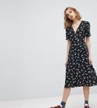 Reclaimed Vintage Inspired Floral Button Wrap Midi Dress - Black
