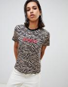 Asos Design T-shirt In Animal Tiger Print With Honey Embroidery - Multi