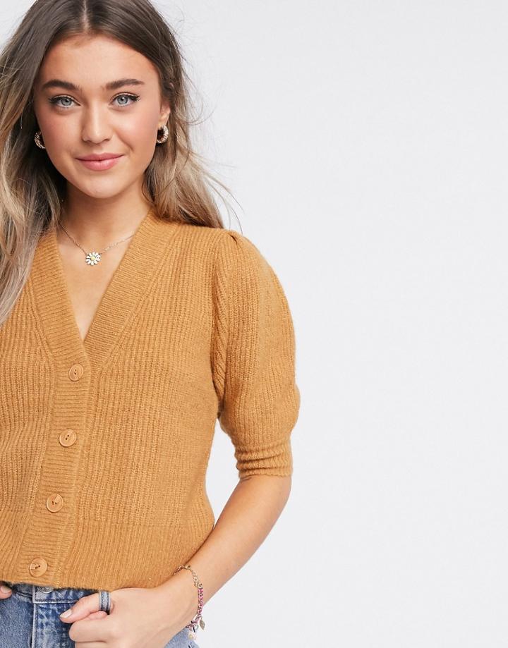 Monki Puffy Fluffy Rib Short Sleeve Cardigan In Beige-brown