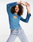 Asos Design Sweater With Contrast Rib With Heart Cut Out Front-blue