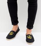 Asos Wide Fit Espadrilles In Black Canvas With Crown Embroidery - Black