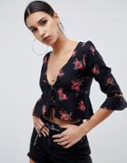Motel Tie Front Blouse In Floral - Black