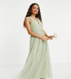 Asos Design Petite Tulle Plunge Maxi Dress With Shirred Sleeves In Sage-green