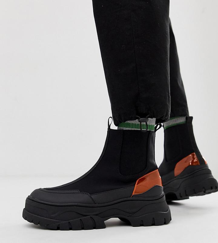 Asos Design Wide Fit Chelsea Boots In Black With Chunky Sole And Neon Pop Detail - Black