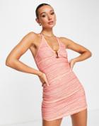 Asos Design Halter Mini Dress With Tortoise Shell Trim In Pink Space Dye