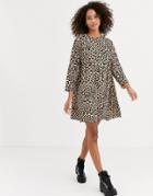 Asos Design Long Sleeve Smock Mini Dress In Leopard Print