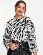 Asos Design Long Sleeve Pleated Batwing Top In Mono Zebra Print-multi