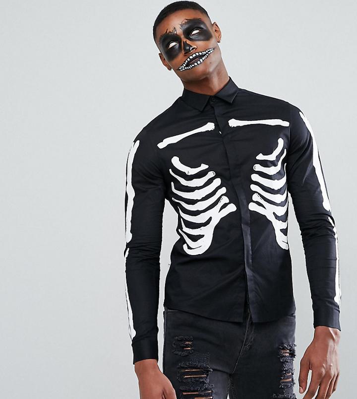 Asos Tall Halloween Stretch Slim Shirt With Rib Cage Print - Black