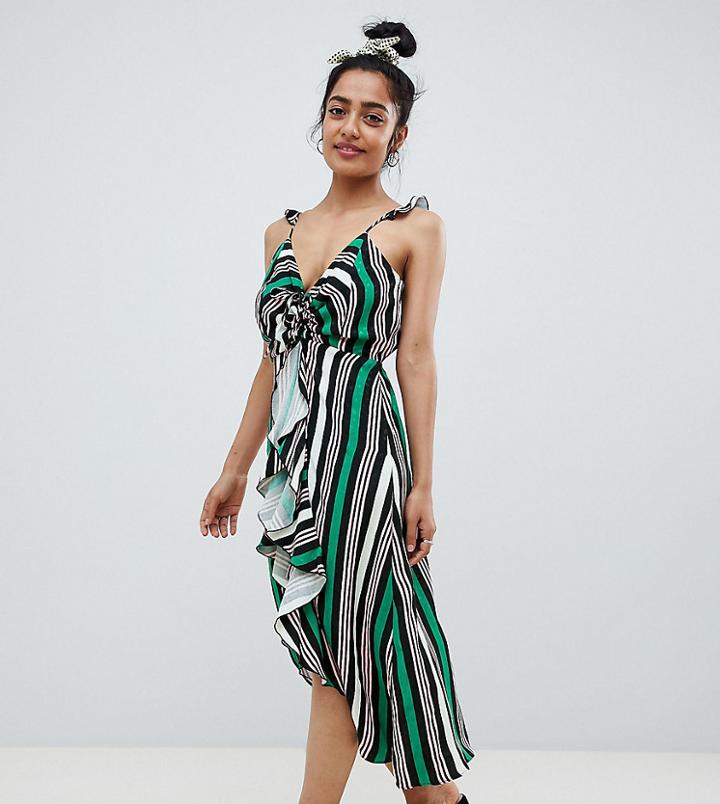 River Island Petite Midi Dress With Ruffle Front In Stripe - Multi