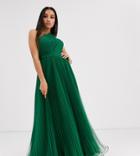 Asos Design Petite One Shoulder Tulle Maxi Dress In Forest Green