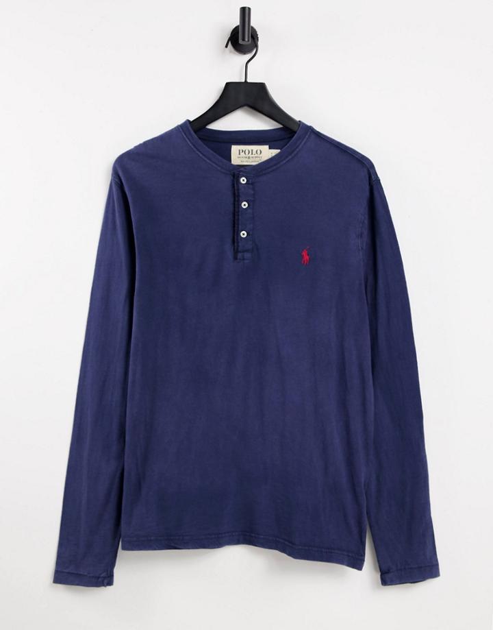 Polo Ralph Lauren Pony Logo Slub Henley Long Sleeve Top In Navy