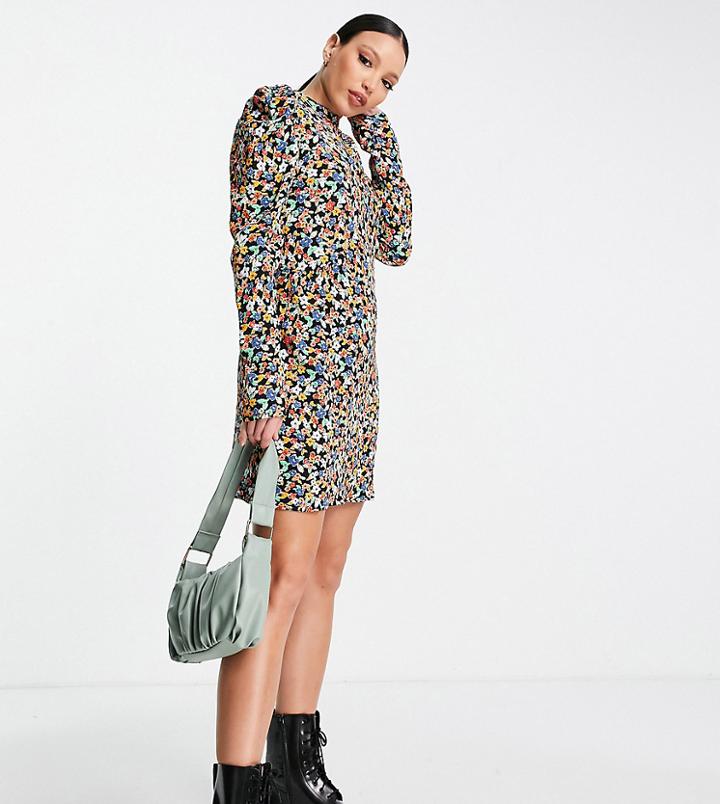 Topshop Tall High Neck Flippy Tiny Floral Tea Dress In Multi