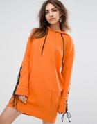 Daisy Street Oversized Hoodie Dress With Lace Up Sleeves - Orange