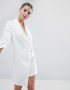 Vesper Ruched Sleeve Asymmetric Hem Texedo Dress - White