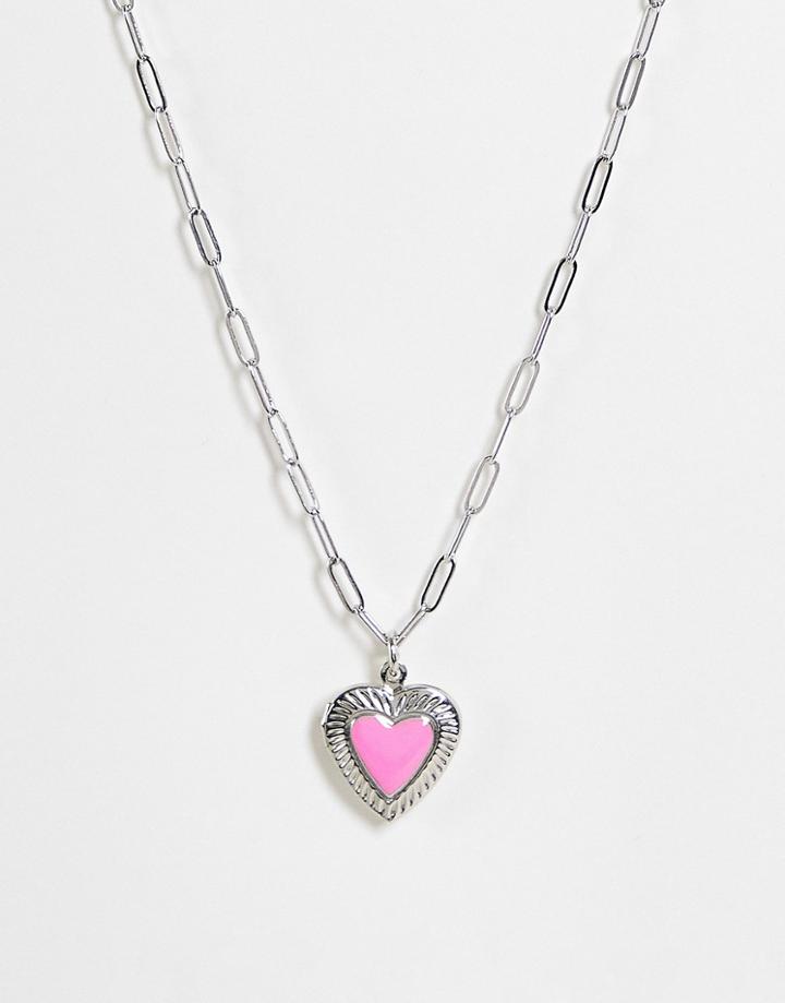 Designb London Pink Enamel Locket Pendant In Silver