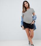 Asos Design Maternity Tall Denim Mid Rise Short With Raw Hem In Washed Black - Black