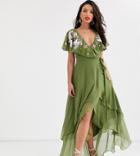 Asos Design Tall Cape Back Dipped Hem Maxi Dress In Embroidery