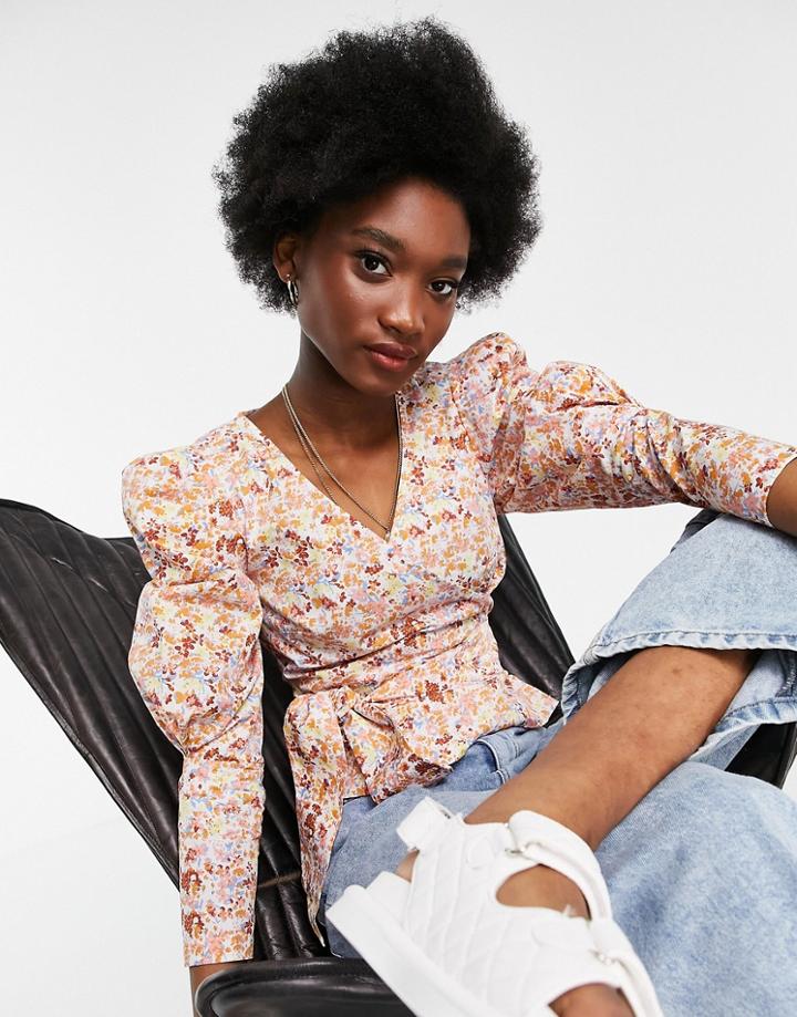 Miss Selfridge Wrap Blouse In Cream Floral-white