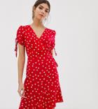 Warehouse Spot Ruched Sleeve Wrap Dress In Red - Cream